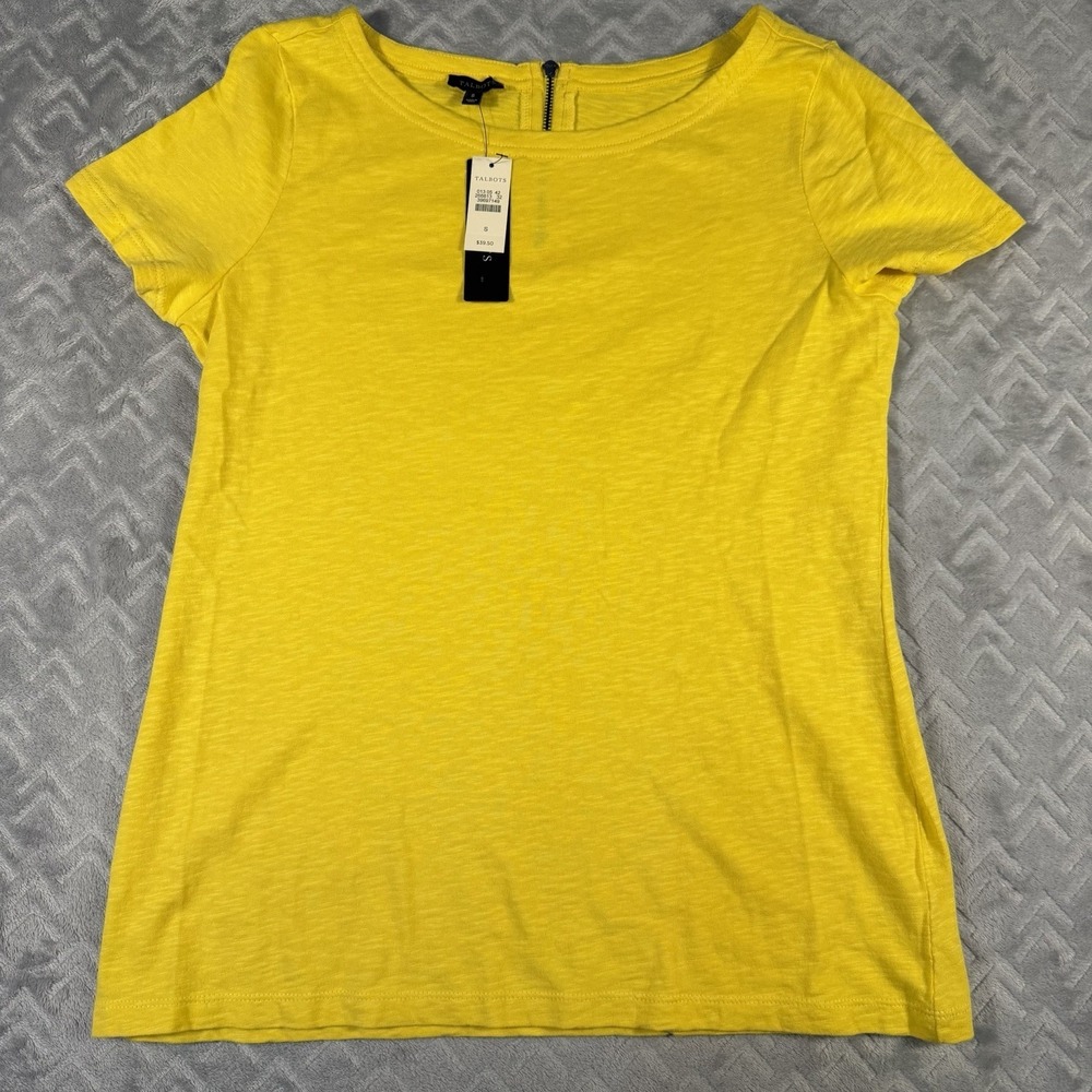 Talbots Women's Short Sleeve Top Zipper Back Yellow Tee Size Small New With Tags